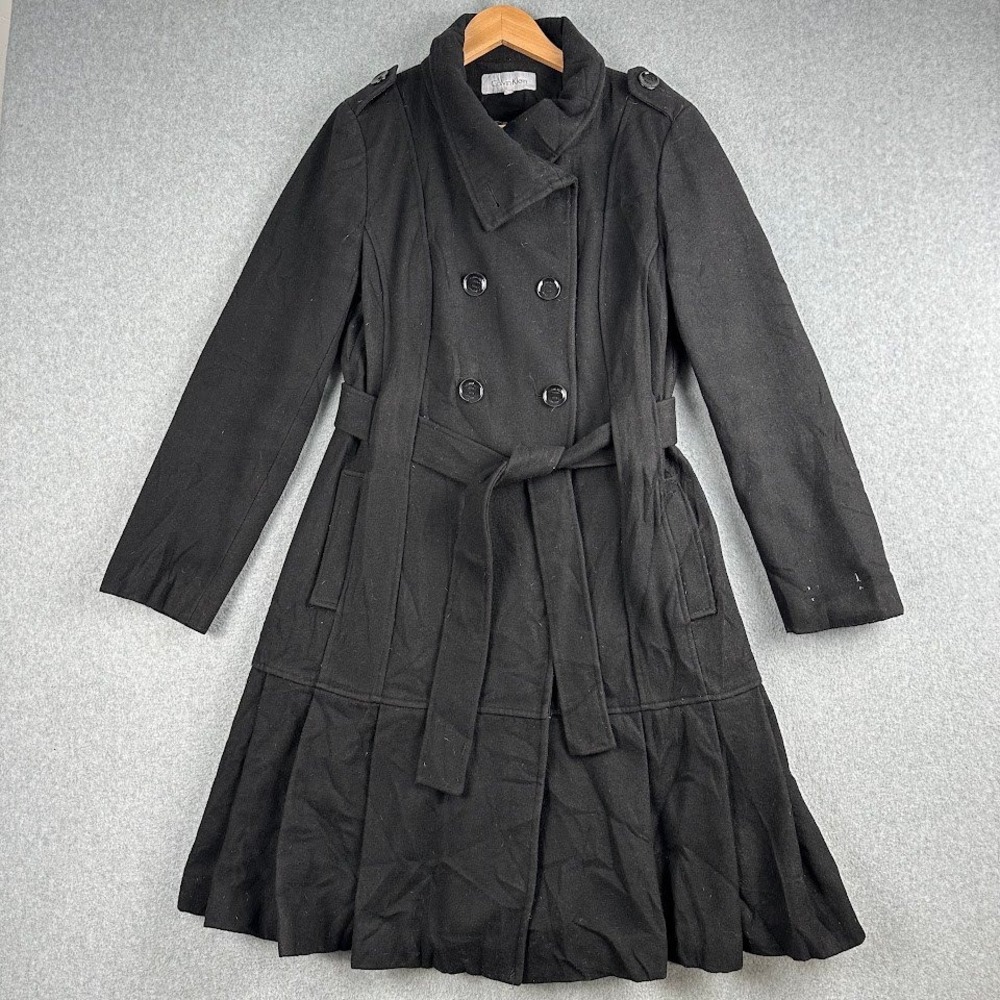 Calvin Klein Black Double Breasted Wool Blend Fit Flare Belted Pea Coat Women 10